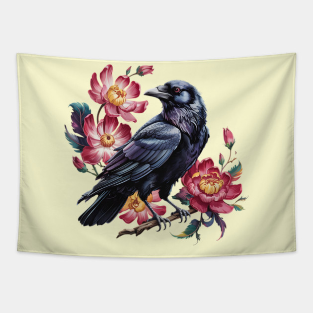 Elegant Raven with Crimson Garden Blooms Tapestry by BirdsnStuff