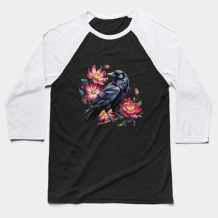 Elegant Raven with Crimson Garden Blooms Baseball T-Shirt