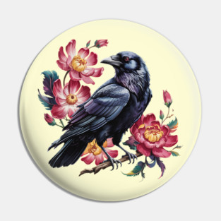 Elegant Raven with Crimson Garden Blooms Pin