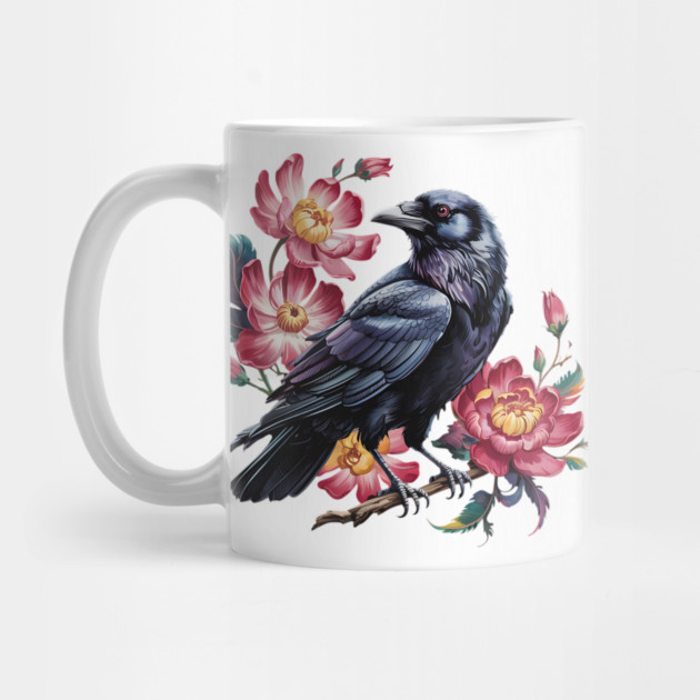 Elegant Raven with Crimson Garden Blooms by BirdsnStuff