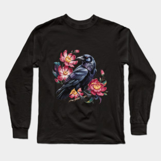 Elegant Raven with Crimson Garden Blooms Long Sleeve T-Shirt