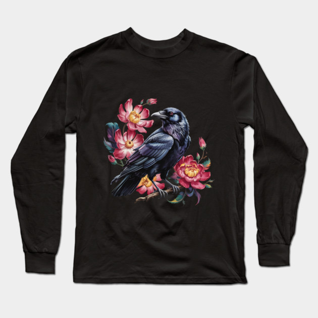 Elegant Raven with Crimson Garden Blooms Long Sleeve T-Shirt by BirdsnStuff