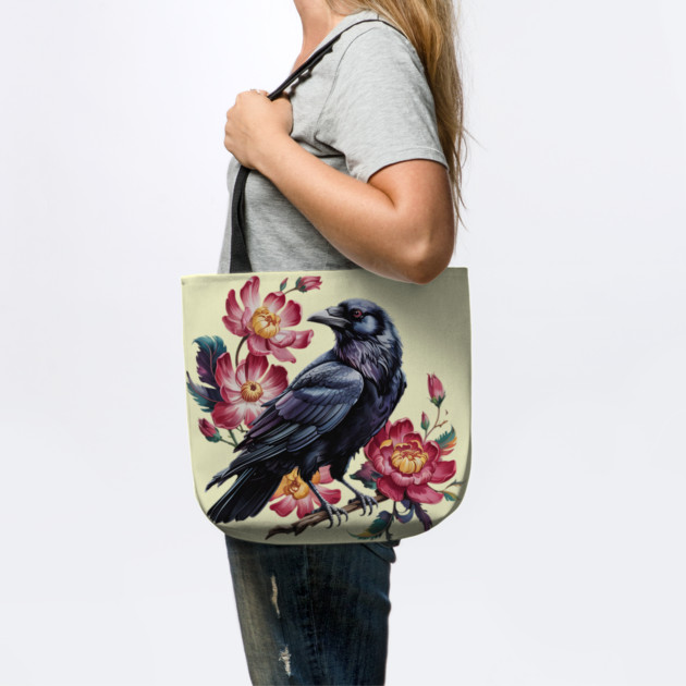Elegant Raven with Crimson Garden Blooms by BirdsnStuff