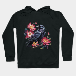 Elegant Raven with Crimson Garden Blooms Hoodie