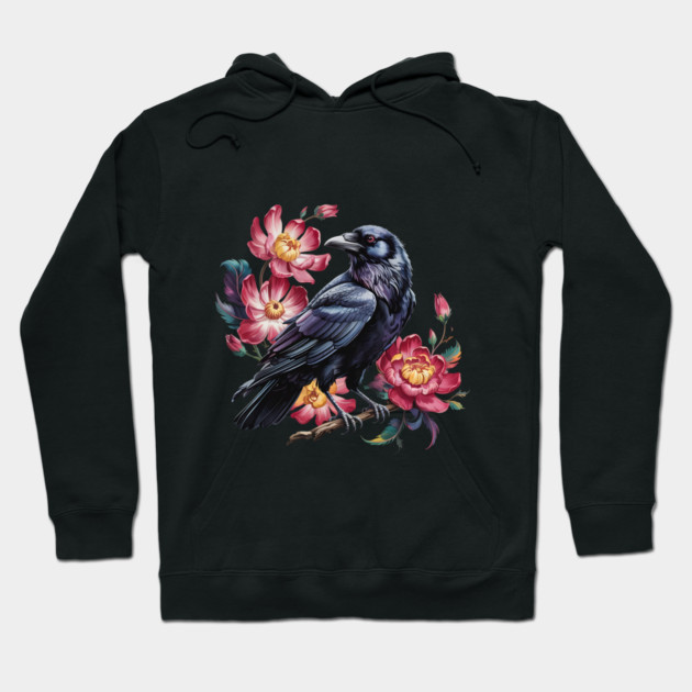 Elegant Raven with Crimson Garden Blooms Hoodie by BirdsnStuff