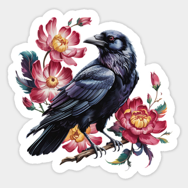 Elegant Raven with Crimson Garden Blooms Magnet by BirdsnStuff