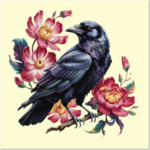 Elegant Raven with Crimson Garden Blooms Wall Art by BirdsnStuff