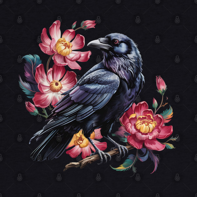 Elegant Raven with Crimson Garden Blooms by BirdsnStuff
