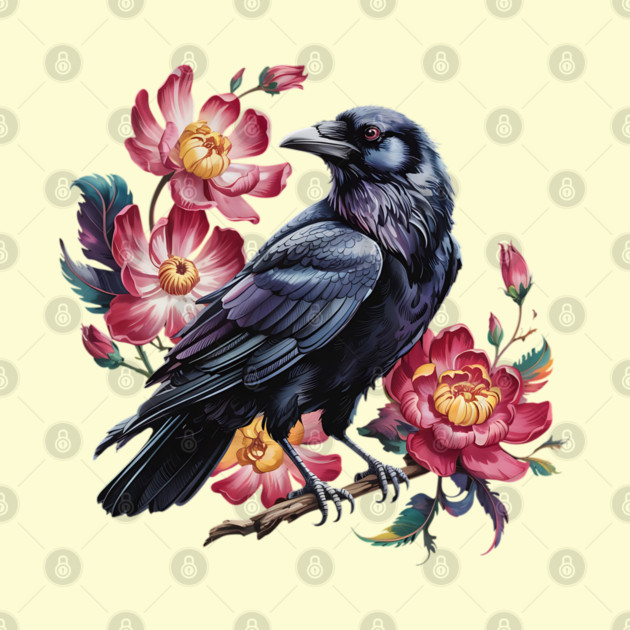 Elegant Raven with Crimson Garden Blooms by BirdsnStuff