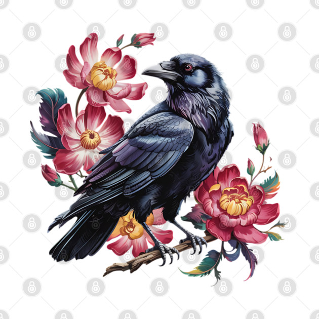 Elegant Raven with Crimson Garden Blooms by BirdsnStuff