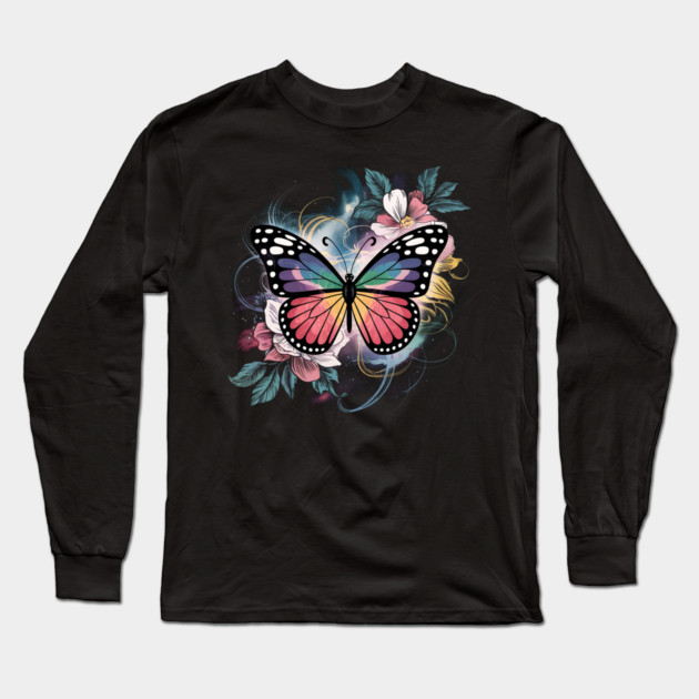 Surreal Butterfly with Celestial Rainbow Wings Long Sleeve T-Shirt by BirdsnStuff