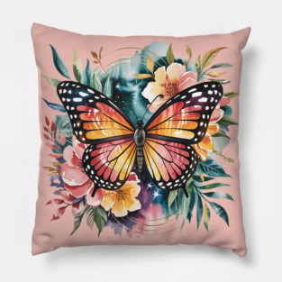 Watercolor Butterfly in a Dreamy Cosmic Garden Pillow