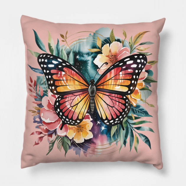 Watercolor Butterfly in a Dreamy Cosmic Garden Pillow by BirdsnStuff