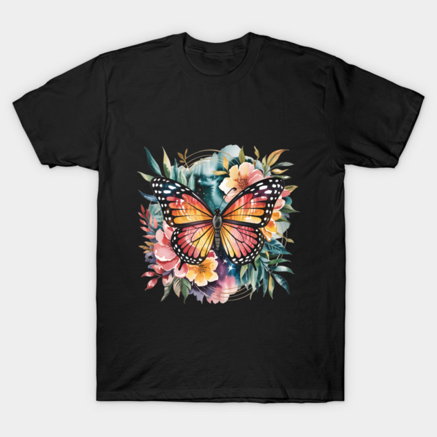 Watercolor Butterfly in a Dreamy Cosmic Garden T-Shirt by BirdsnStuff