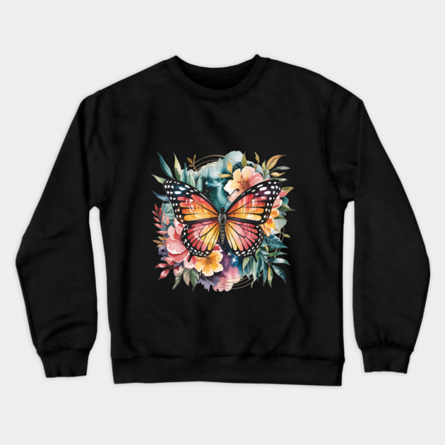 Watercolor Butterfly in a Dreamy Cosmic Garden Crewneck Sweatshirt by BirdsnStuff