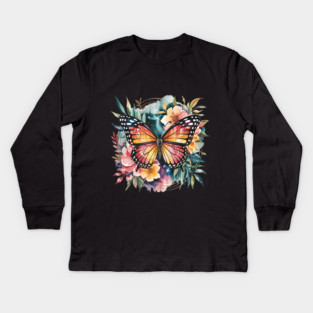 Watercolor Butterfly in a Dreamy Cosmic Garden Kids Long Sleeve T-Shirt