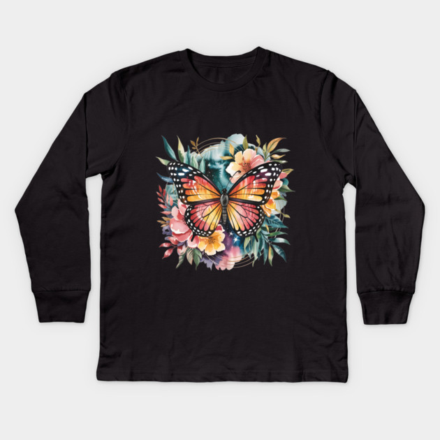 Watercolor Butterfly in a Dreamy Cosmic Garden Kids Long Sleeve T-Shirt by BirdsnStuff