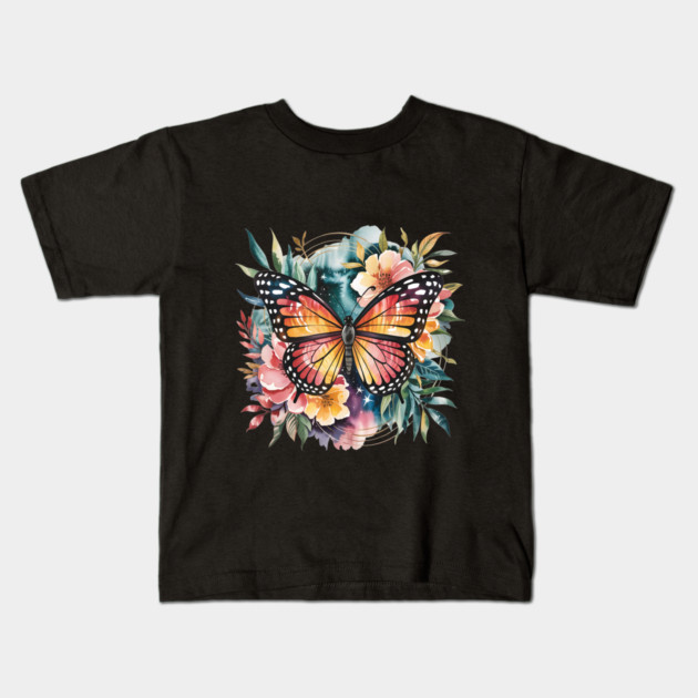 Watercolor Butterfly in a Dreamy Cosmic Garden Kids T-Shirt by BirdsnStuff