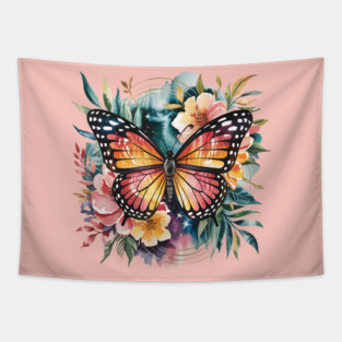 Watercolor Butterfly in a Dreamy Cosmic Garden Tapestry