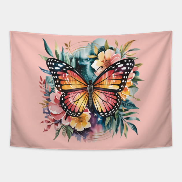 Watercolor Butterfly in a Dreamy Cosmic Garden Tapestry by BirdsnStuff