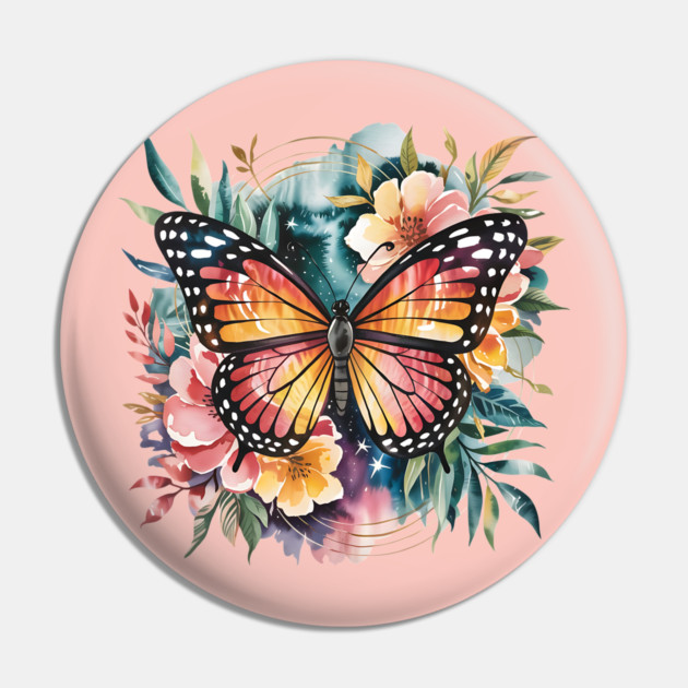 Watercolor Butterfly in a Dreamy Cosmic Garden Pin by BirdsnStuff