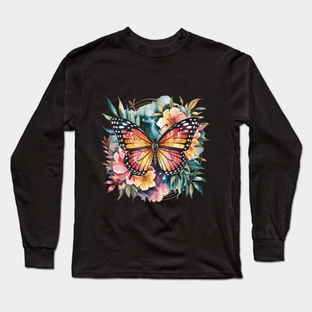 Watercolor Butterfly in a Dreamy Cosmic Garden Long Sleeve T-Shirt by BirdsnStuff