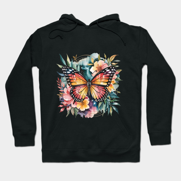 Watercolor Butterfly in a Dreamy Cosmic Garden Hoodie by BirdsnStuff
