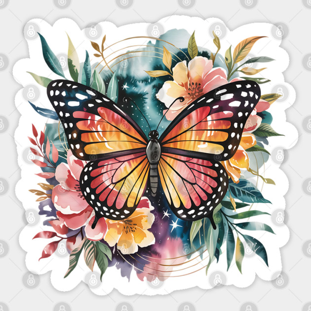 Watercolor Butterfly in a Dreamy Cosmic Garden Sticker by BirdsnStuff
