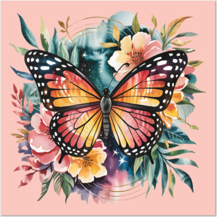 Watercolor Butterfly in a Dreamy Cosmic Garden Posters and Art