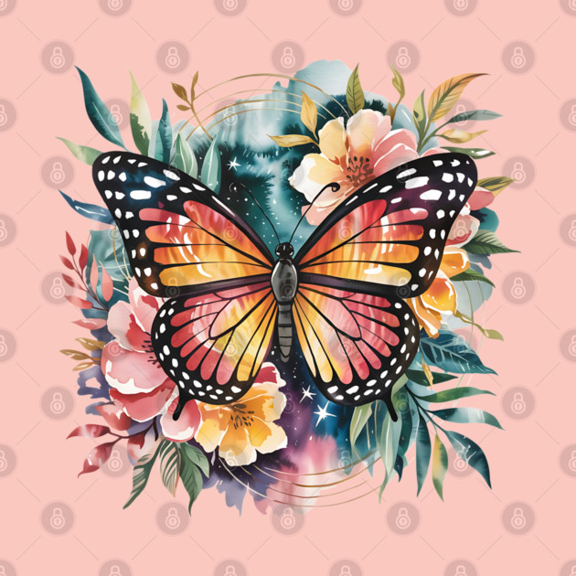 Watercolor Butterfly in a Dreamy Cosmic Garden by BirdsnStuff
