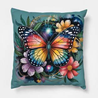 Celestial Butterfly with Watercolor Florals and Stars Pillow