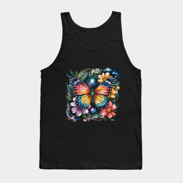 Celestial Butterfly with Watercolor Florals and Stars Tank Top by BirdsnStuff