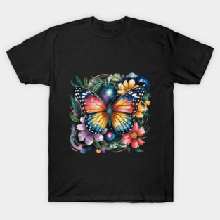 Celestial Butterfly with Watercolor Florals and Stars T-Shirt
