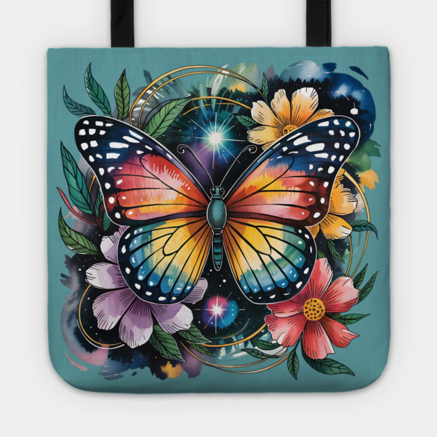 Celestial Butterfly with Watercolor Florals and Stars Tote by BirdsnStuff
