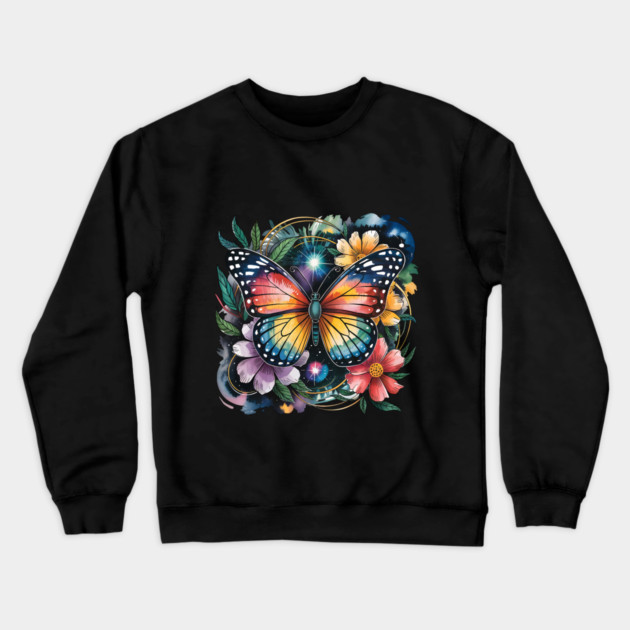Celestial Butterfly with Watercolor Florals and Stars Crewneck Sweatshirt by BirdsnStuff