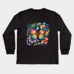 Celestial Butterfly with Watercolor Florals and Stars Kids Long Sleeve T-Shirt