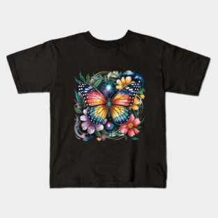 Celestial Butterfly with Watercolor Florals and Stars Kids T-Shirt