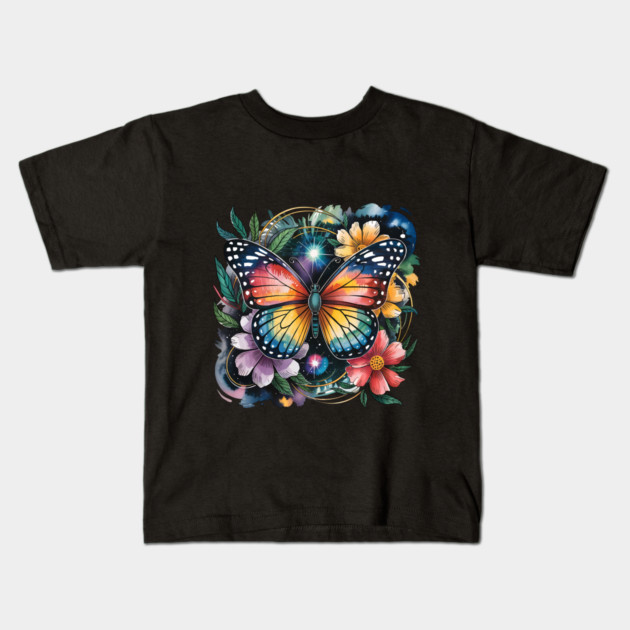 Celestial Butterfly with Watercolor Florals and Stars Kids T-Shirt by BirdsnStuff