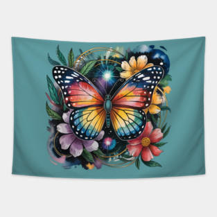 Celestial Butterfly with Watercolor Florals and Stars Tapestry