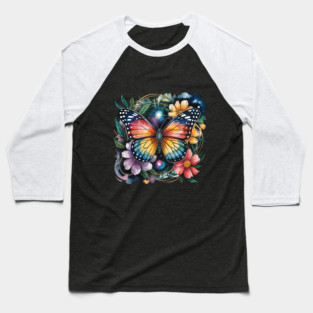 Celestial Butterfly with Watercolor Florals and Stars Baseball T-Shirt