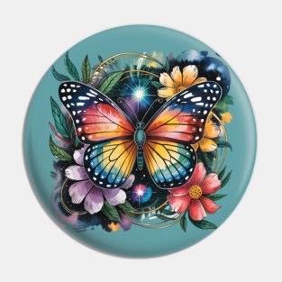 Celestial Butterfly with Watercolor Florals and Stars Pin