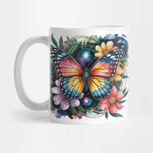 Celestial Butterfly with Watercolor Florals and Stars Mug