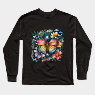 Celestial Butterfly with Watercolor Florals and Stars Long Sleeve T-Shirt