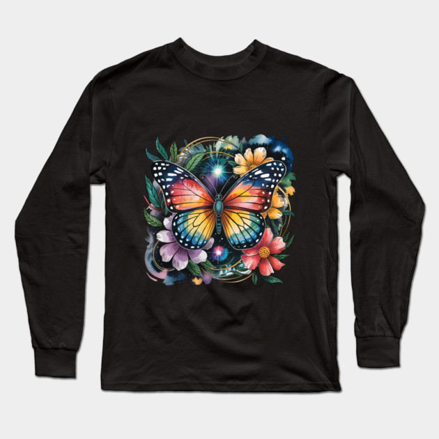Celestial Butterfly with Watercolor Florals and Stars Long Sleeve T-Shirt by BirdsnStuff