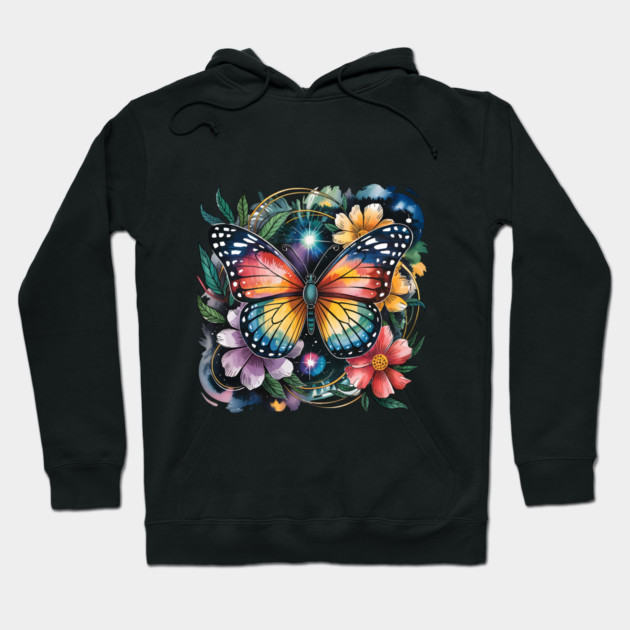 Celestial Butterfly with Watercolor Florals and Stars Hoodie by BirdsnStuff