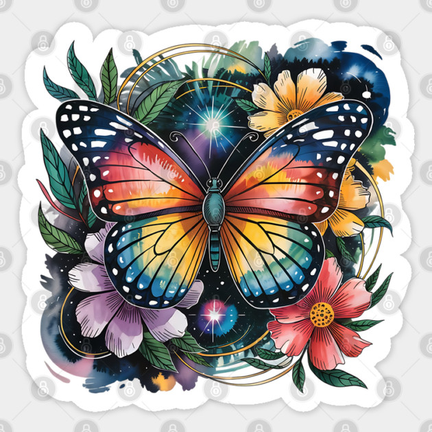 Celestial Butterfly with Watercolor Florals and Stars Sticker by BirdsnStuff