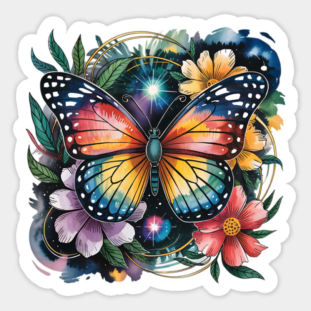 Celestial Butterfly with Watercolor Florals and Stars Magnet by BirdsnStuff