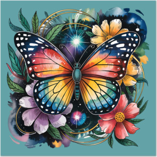 Celestial Butterfly with Watercolor Florals and Stars Posters and Art