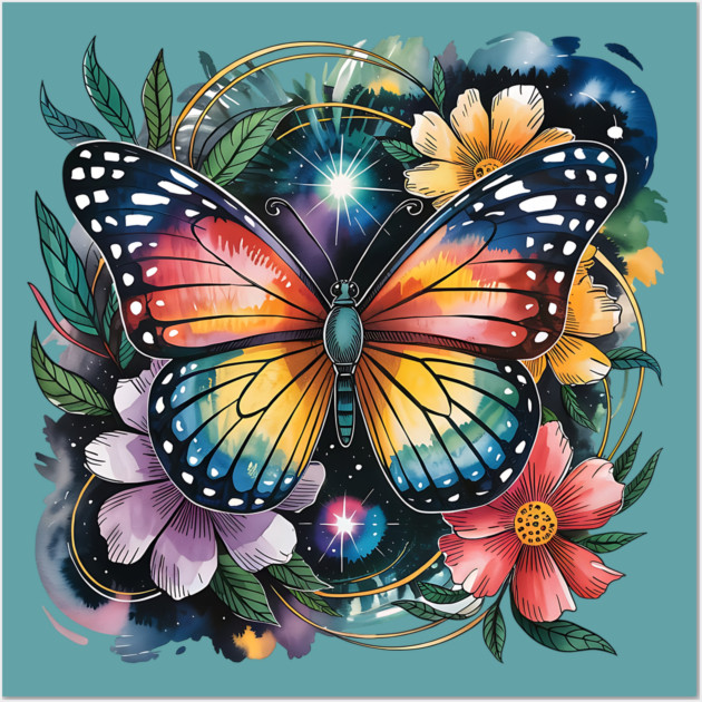 Celestial Butterfly with Watercolor Florals and Stars Wall Art by BirdsnStuff