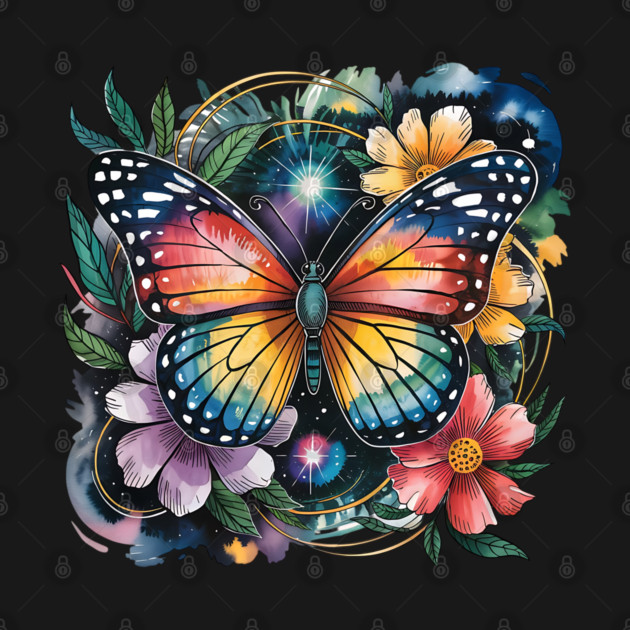 Celestial Butterfly with Watercolor Florals and Stars by BirdsnStuff